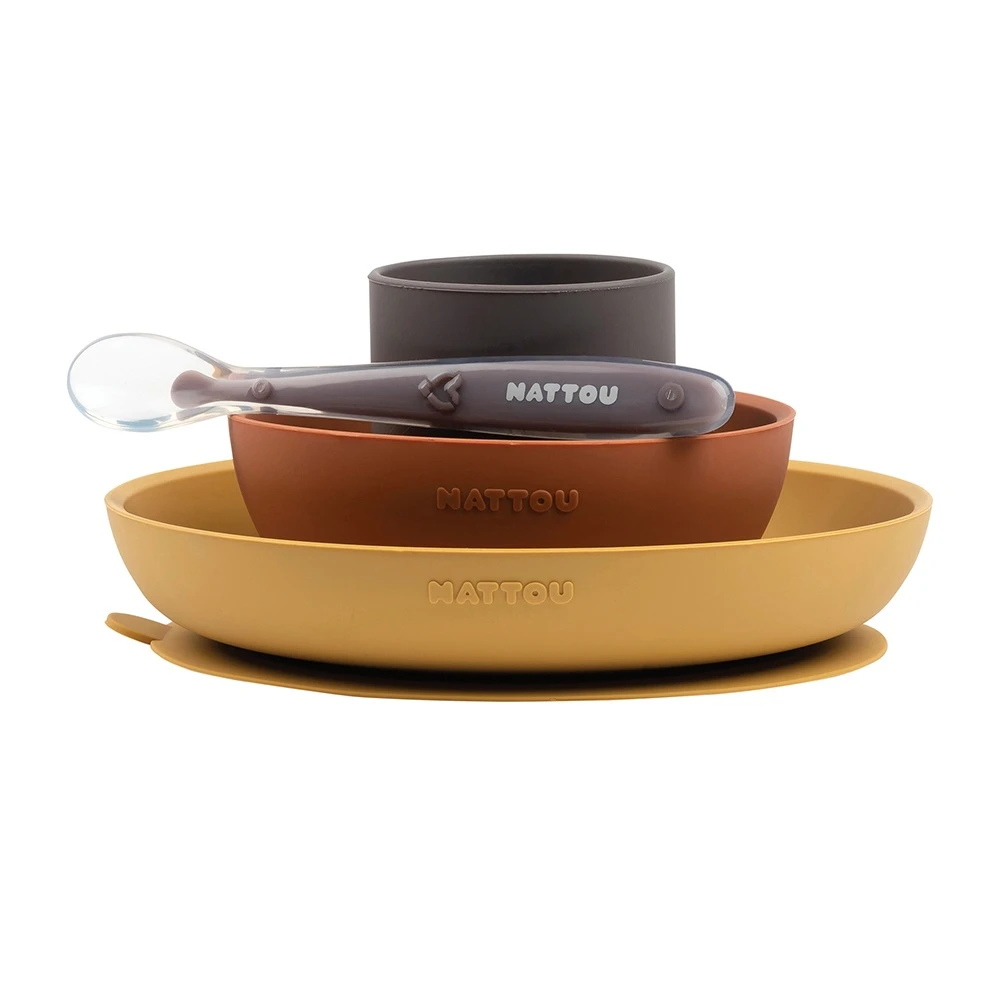 NATTOU Coffret Repas Silicone Lapidou Ocre/brique/gris 2 NATTOU Coffret Repas Silicone Lapidou Ocre/brique/gris